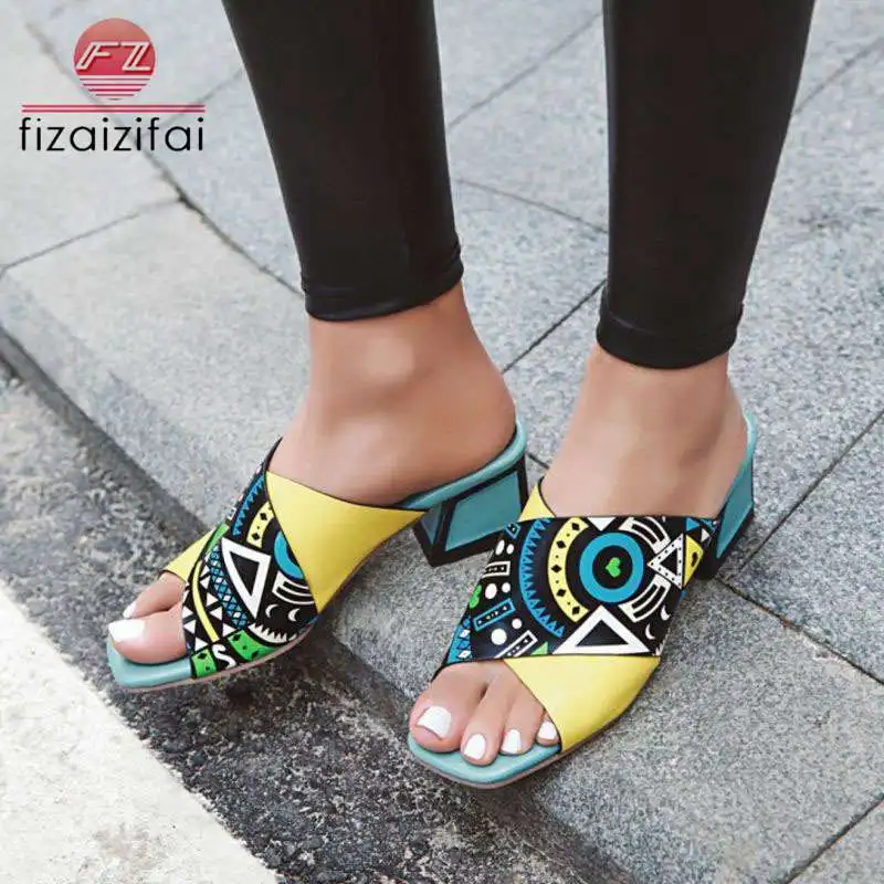 

Coolcept Women High Heel Sandals Fashion Colorful Graffiti Summer Slippers Square Heels Casual Designer Shoes Women Size 34-43