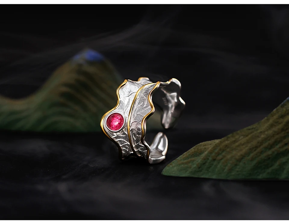 Lotus Fun, настоящее 925 пробы, серебряное кольцо, натуральный турмалин, драгоценные камни, хорошее ювелирное изделие, регулируемые кольца в виде листьев пиона для женщин, бижутерия