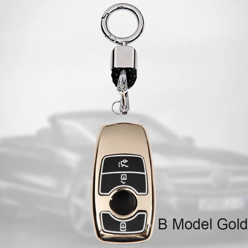 Световой цинковый сплав+ кожаный чехол ключевую для автомобиля Mercedes Benz AMG E класса W213 брелок кольцо покрытие автомобиля стиль аксессуары - Название цвета: B Model Gold