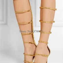 Пикантные женские сандалии-гладиаторы до колена из лакированной кожи с ремешками; цвет золотой, серебряный; босоножки на тонком каблуке-шпильке; сапоги на высоком каблуке