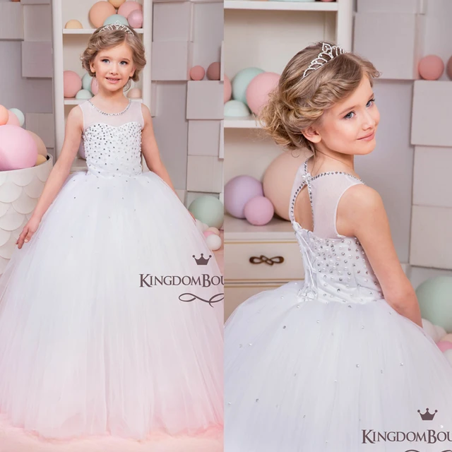 Cheap Ball Gown Little Girls Party Dresses Sheer Crew Neckline Crystal Beading Pearls Puffy Long Little Flower Girls' Dresses 2016