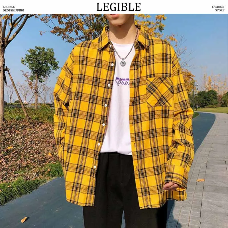 

LEGIBLE 2019 Plaid Shirts Men Long Sleeve Shirt Men Casual Shirt Korean Shirts Male Hawaiian Beach Fashion Shirt Harajuku