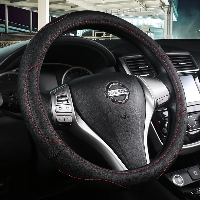 

KKYSYELVA Black Car Sport Steering Wheel Cover Leather Auto Steering Covers Universal 38CM wheel covers Car Inter Accessories