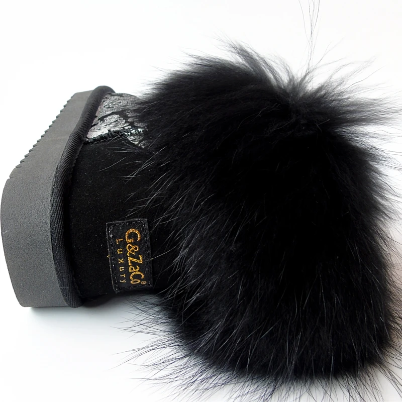 G&Zaco Black Fox Fur Snow Boots Flat Silver Printing Cowskin Ankle Boots Genuine Leather Short Women's Shoes Natural Fur Boots Women's Shoes