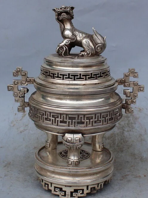 

14" Chinese Silver Propitious The beast Pixiu Incense burner Three layer Statue S0708 Discount 35%
