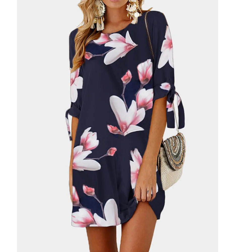 

Women Dress 2018 Summer Sexy Seven-quarter sleeve Floral Print Chiffon Dress Boho Style Short Party Beach Dresses Vestidos de fi