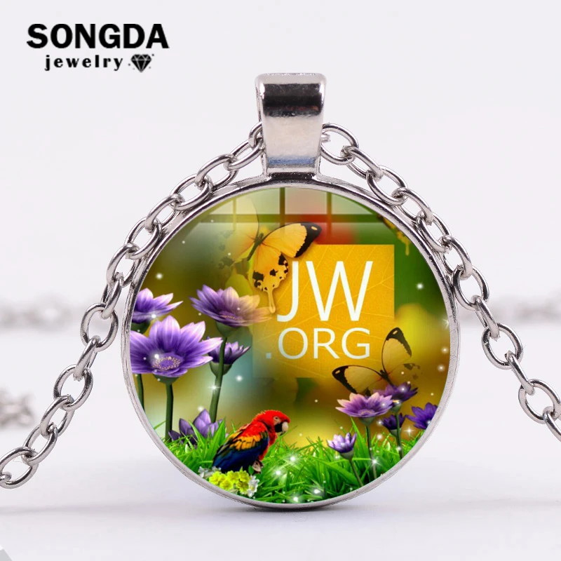 

SONGDA JW.ORG Necklace Fashion Jehovah's Witnesses & Romantic Elegant Butterfly Flower Glass Picture Cabochon Pendant JW Jewelry