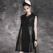 Платье из натуральной кожи, женское осеннее новое платье из натуральной овечьей кожи, кожаное платье без рукавов, женское кружевное платье, новинка Феникс