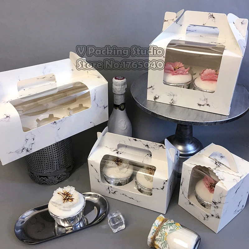 

Marble texture cupcake box with window White Brown kraft paper Boxes Dessert Mousse box 1\2\4\6 Cup Cake Holders wholesalers