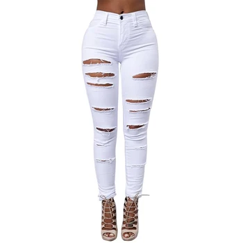 

Black White Fashion High Waist Skinny Jeans Woman Brand New Cut Out Ripped Jeans Sexy Hip Lift Stretch Pencil Pants Jeans Women