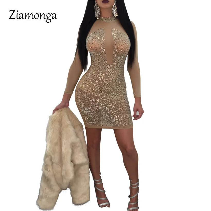 

Ziamonga Glitter Metal Diamonds Bandage Dress Long Sleeve Bodycon Birthday Dress Women Sexy Sequin Crystal Party Dress Vestidos