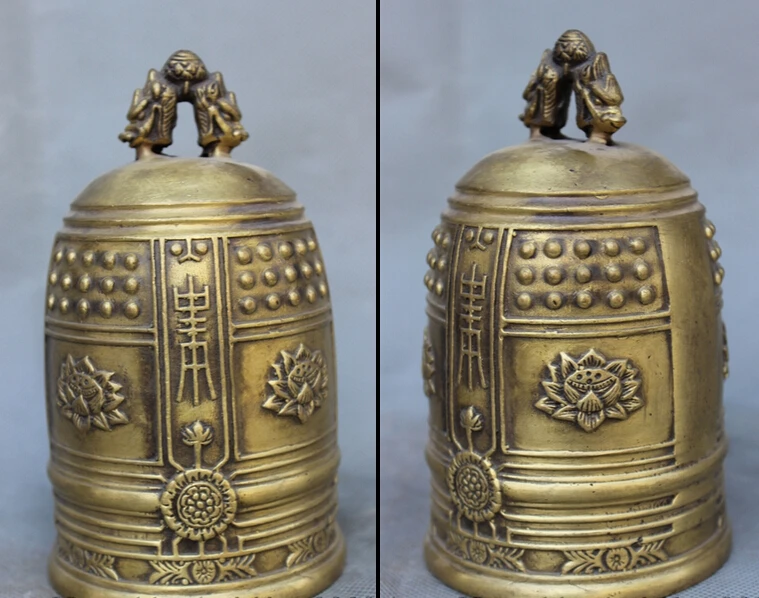

JP S0608 6" Chinese Bronze Shou Dragon Head Auspicious Lotus Statue Buddhist Temple Bell B0403