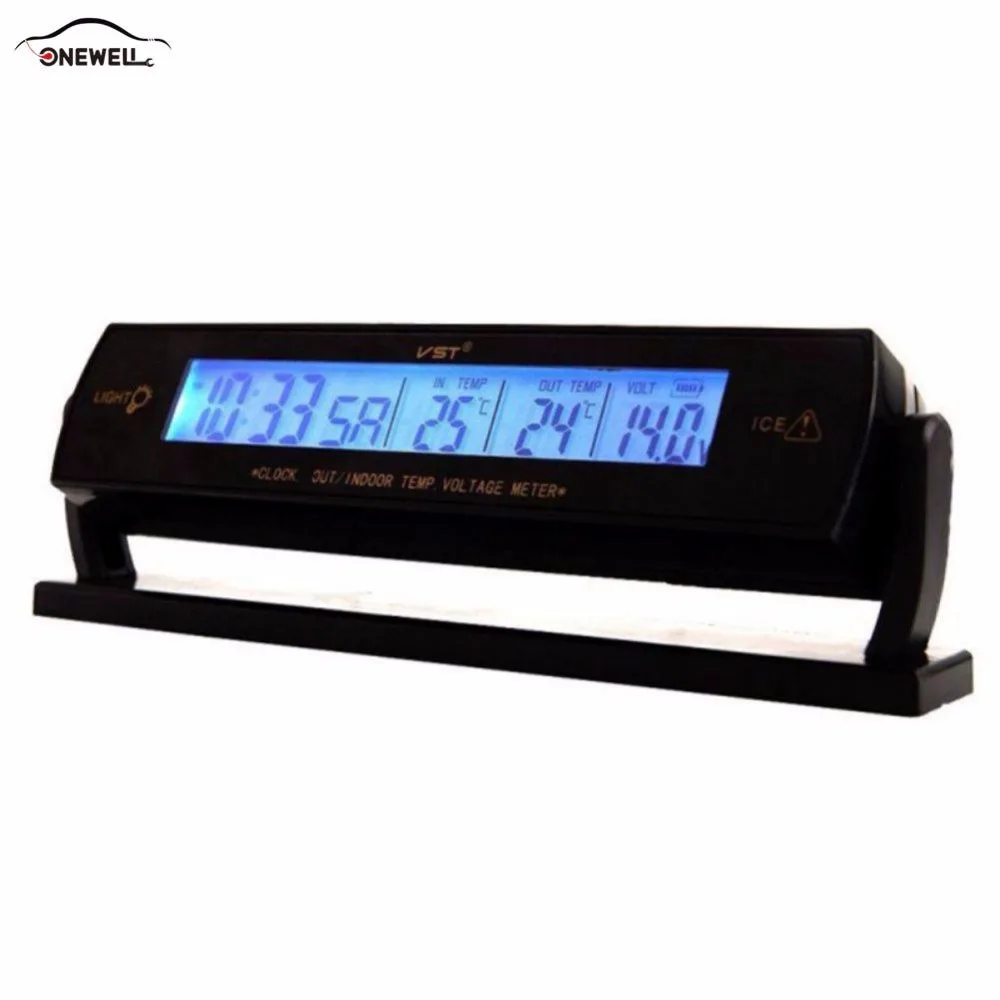 

ONEWELL Car Black Auto Clock Voltage Digital LCD Car Temperature Thermometer Alarm Clock with Cigarette Lighter Cable