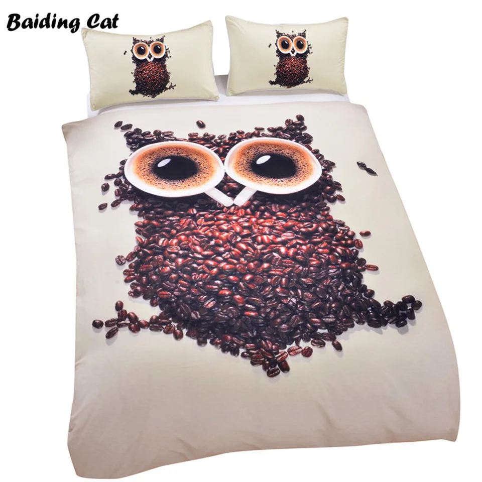 

3D Cute Owl Bedding Set Cafe Coffee Beans Printed Duvet Cover with Pillowcases Super Soft Quilt Cover 3 Pieces Free Shipping
