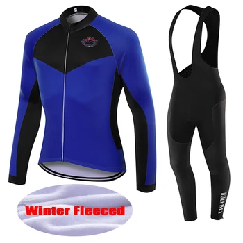 

2019 WOLFKEI Winter Thermal Fleece dark blue-black Cycling Jersey MTB bib tights set bike Clothing Maillot Ciclismo Ropa