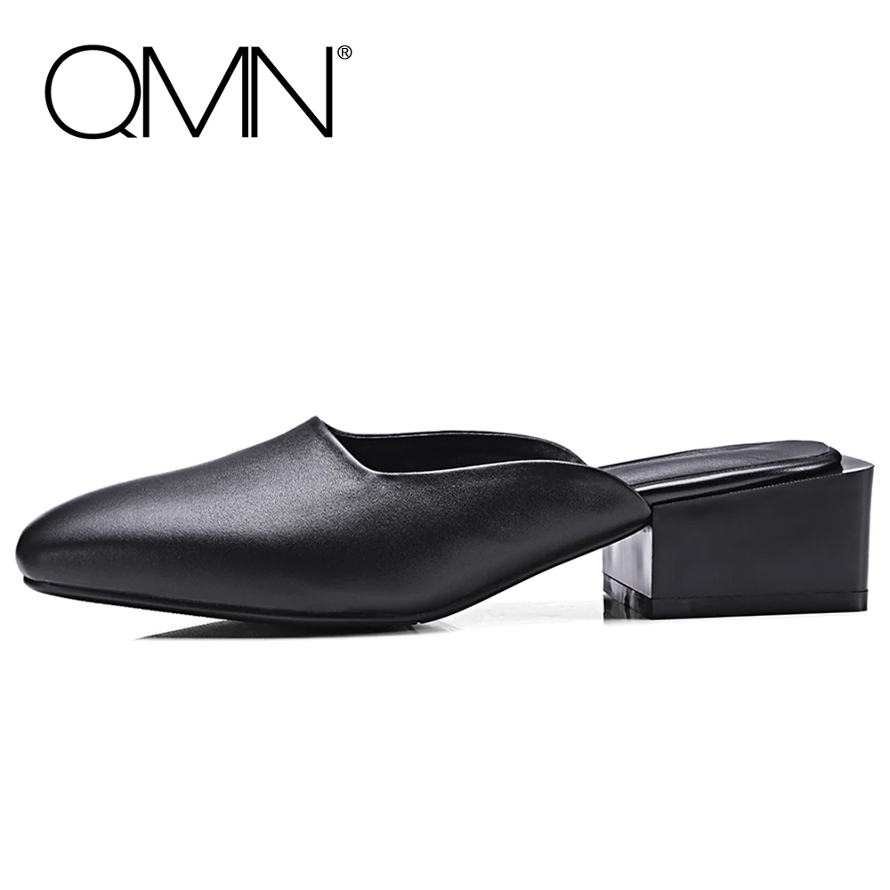 QMN women genuine leather mules Women Block Heels Slippers Slip On Summer Leisure Shoes Woman Square Toe Leather Slides 34-39