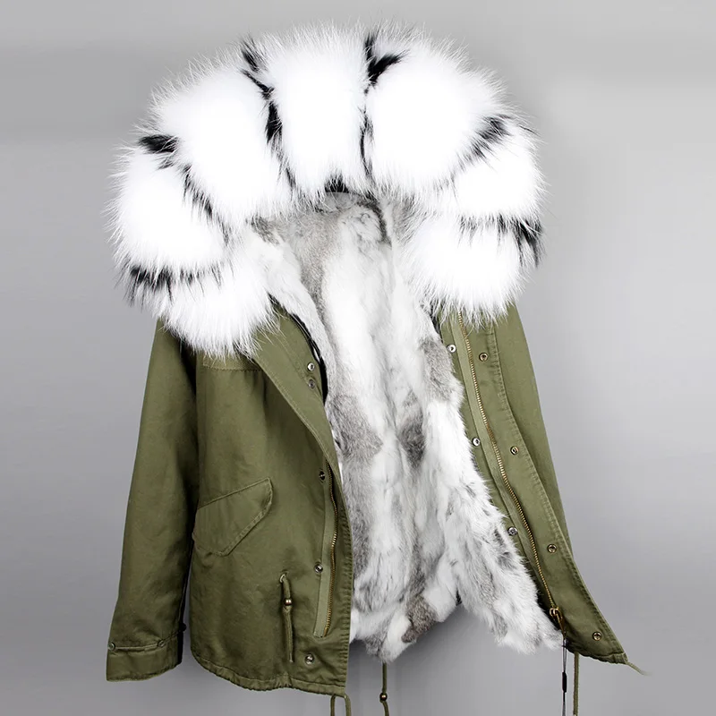 Модное зеленое милитари женское пальто Капюшон мех енота большой Парки уличная мода Подклад мех кролика Зимняя куртка