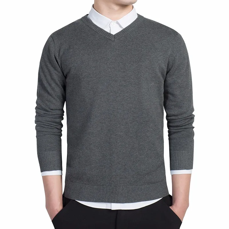 Осенне-зимний мужской качественный Тонкий Высококачественный вязаный Однотонный свитер из чистого хлопка мужская вязаная рубашка с v-образным вырезом для отдыха
