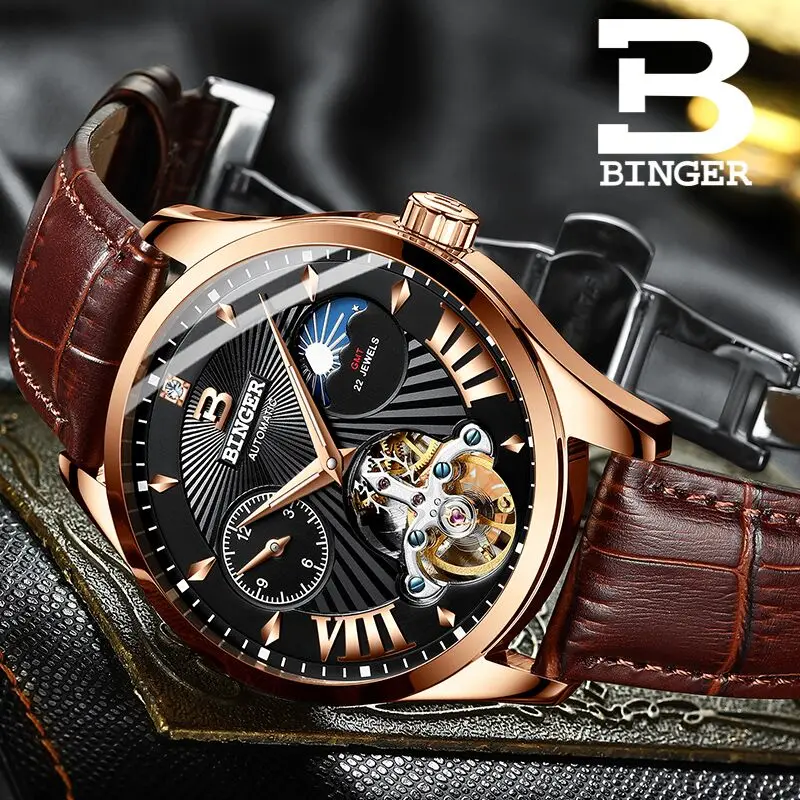

Switzerland Watch Men Binger Automatic Mechanical Men Watches Luxury Brand Sapphire GMT Men Wrist Watch Waterproof B-1186-10