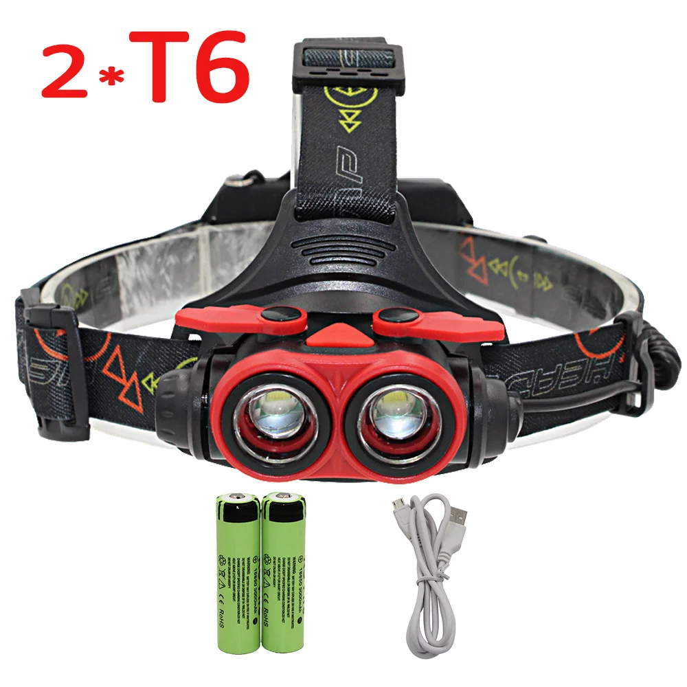 

Zooable 2 x XM-L T6 LED Headlamp 2 LED Headlight USB Rechargeable flashlight Torch Lanterna +18650 Battery +Charger Cable