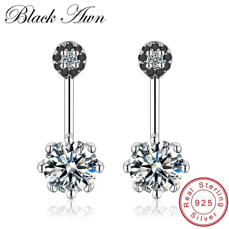 

[BLACK AWN] 100% 925 Sterling Silver wedding Jewelry Black Spinel Stone Cute Engagement Stud Earrings for Women T100