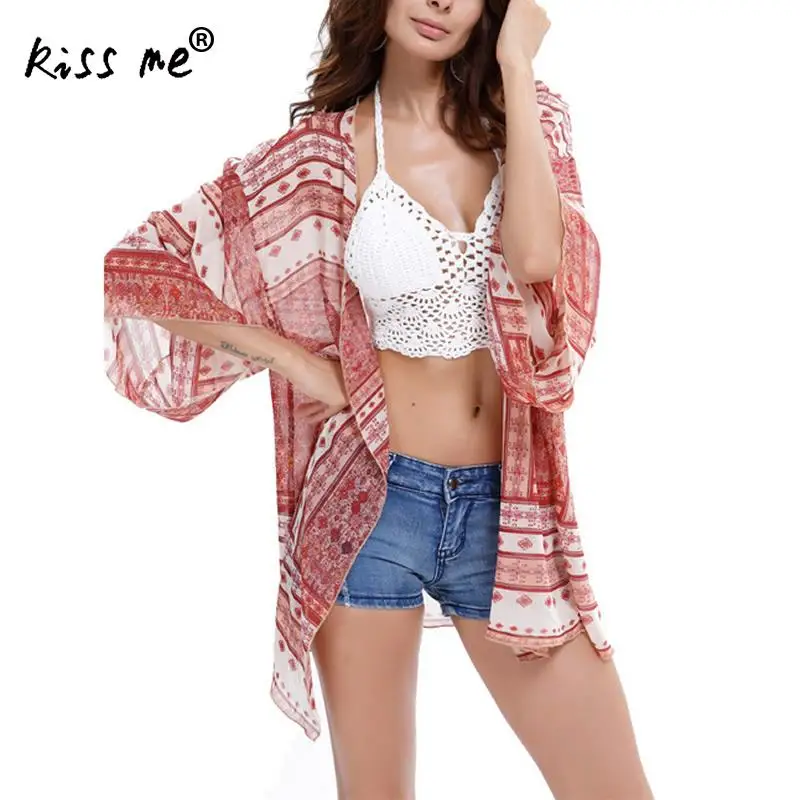

Pink Loose Chiffon Female Cardigan Print Beach Cover Up Women's Tunic Transparent Beachwear Cover-Ups Summer Clothes for Women