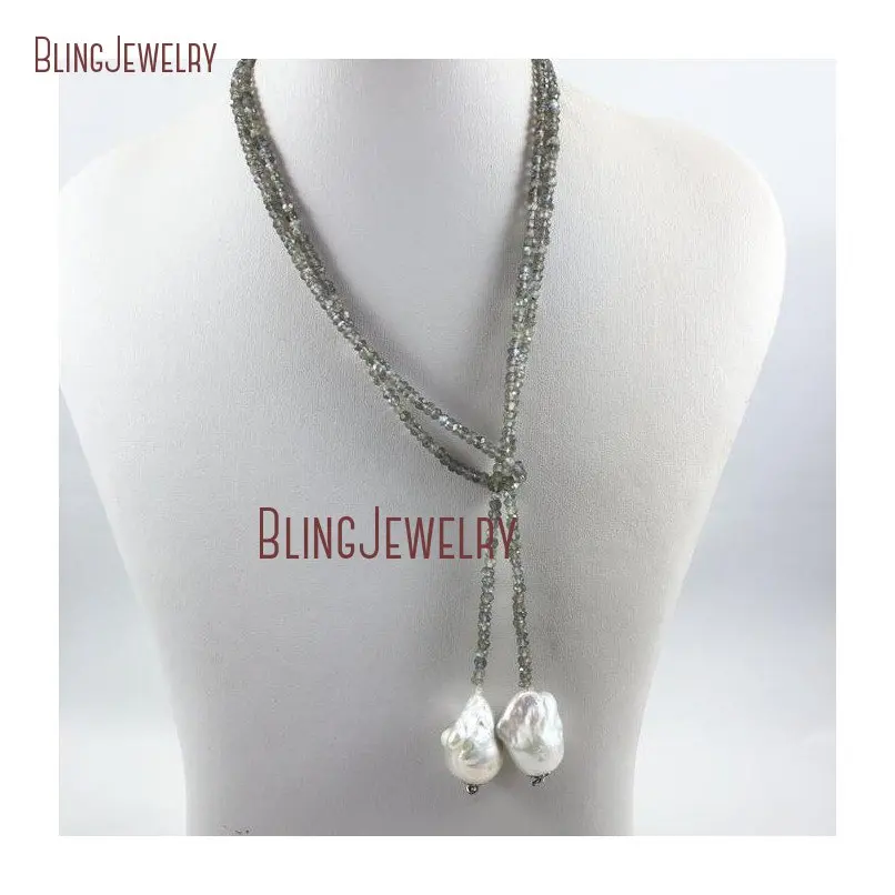 

Labradorite Rondelles Necklae Beads Lariat Necklace Freshwater Baroque Pearl Necklace Long Laying Necklace NM19107