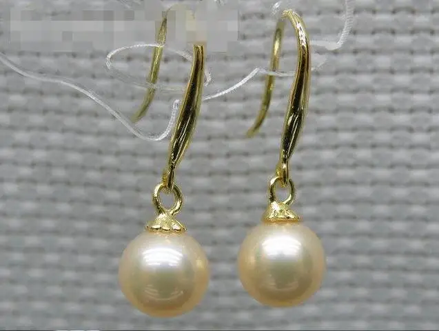 

Free Shipping >>>> 8mm AAA+++ golden pink akoya pearl dangle earring 14k yellow gold over silver