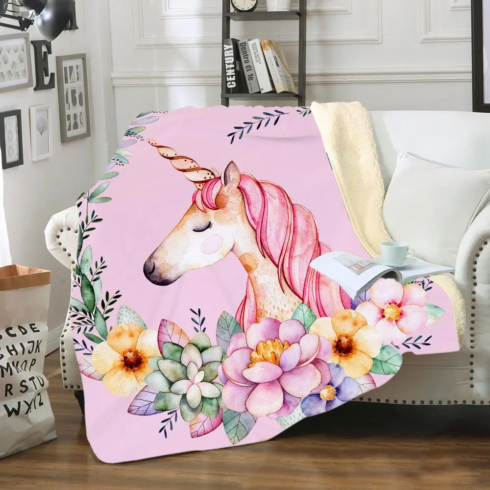 

Comfy Soft Cartoon Unicorn Printing Velvet Plush Blanket Cute Printed Sherpa Blankets Lollipop Warm Blankets
