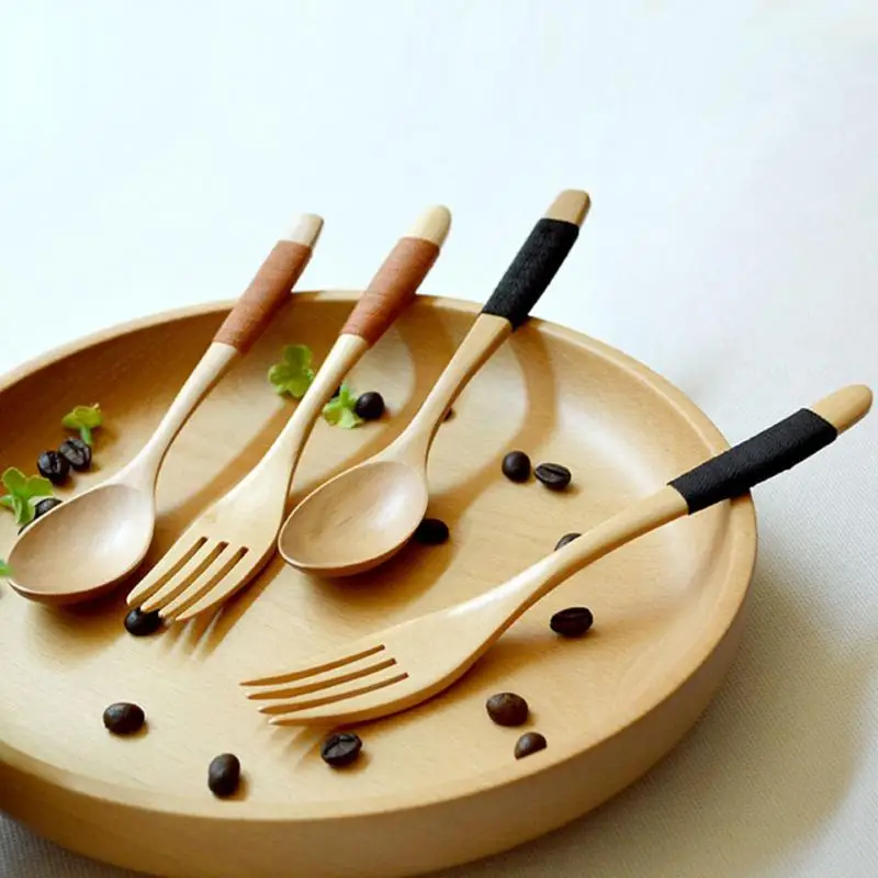 

2PC Western Tableware Wood Fork Spoon Dessert Set Retro vintage style Fruit Serving Children Food Utensi scoop supply