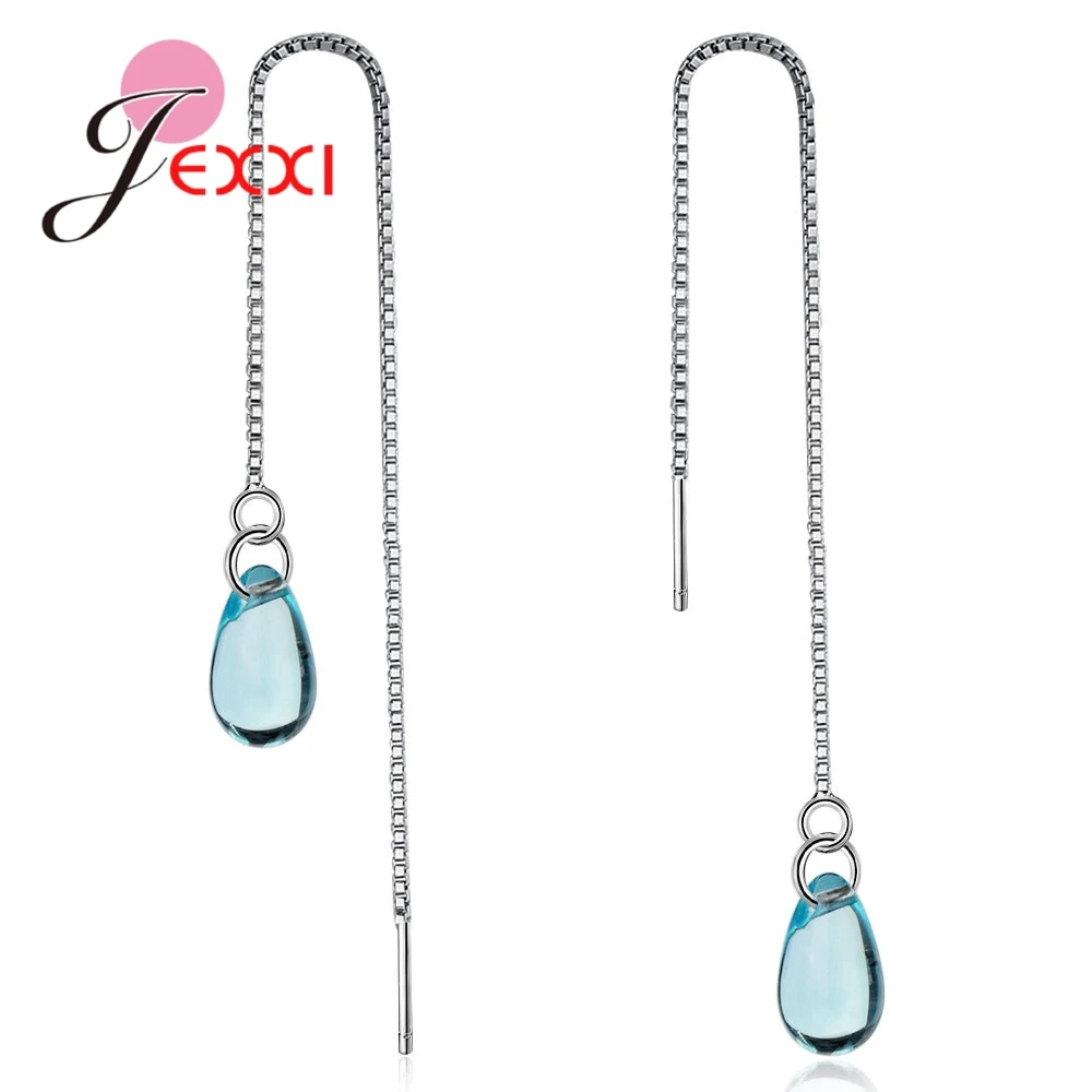 

Clearly Waterdrop Blue Crystal Design Genuine 925 Sterling Silver Long Thread Box Chian Dangle Earrings for Femme Women