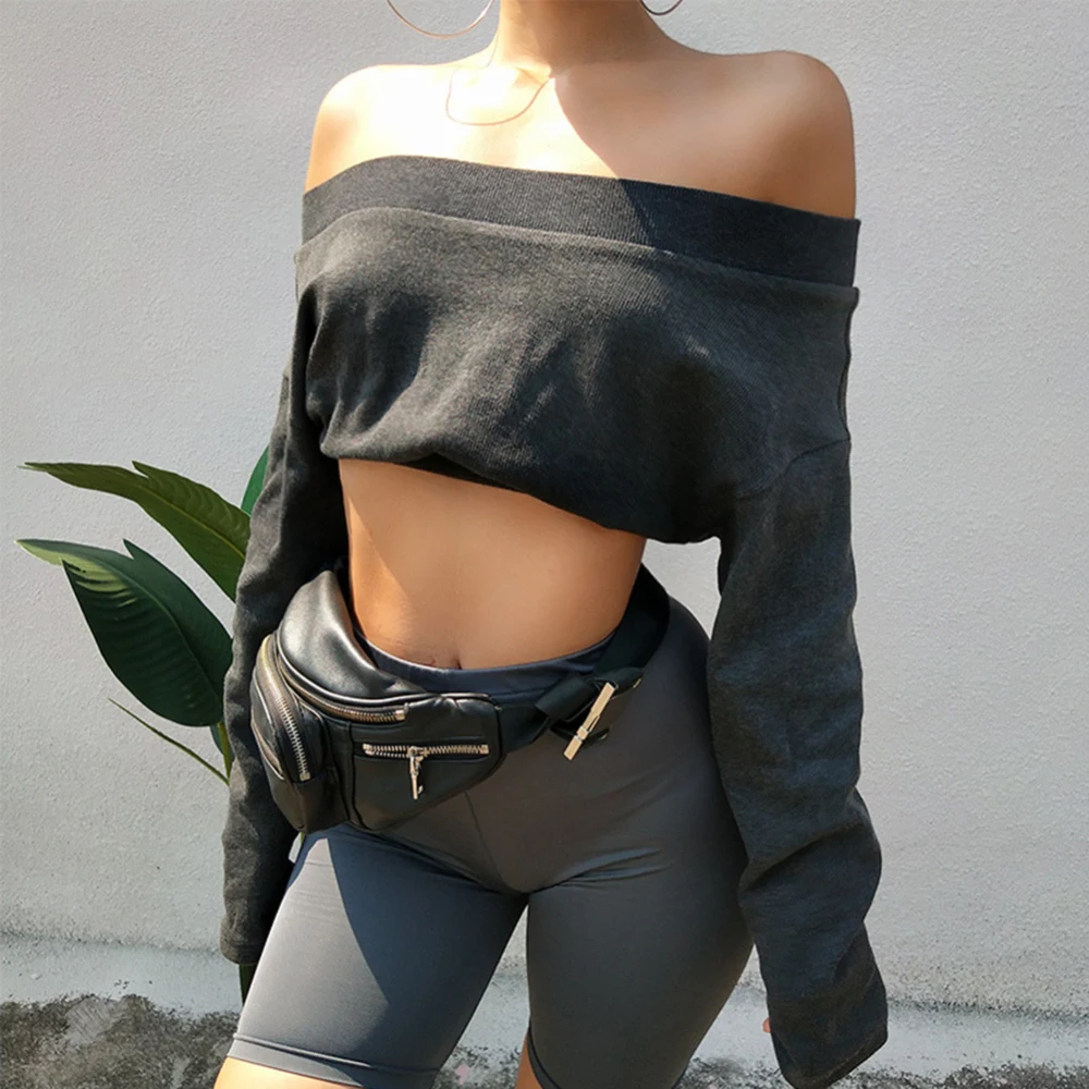 

Women's Sexy Off Shoulder Blouses Long-sleeved Sweatshirt Loose Pullover Casual Bare Midriff Crop Top Midrimidriff-Baring Cloth