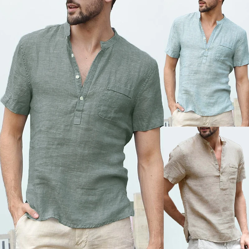 INCERUN Men Shirts Short Sleeve V Neck Henley Collar Basic Solid Color ...