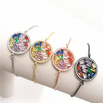 

10pcs/lot Paved Rainbow Cubic Zirconia Round Color Charm Link Chain Bracelet Adjustable Rainbow Jewelry