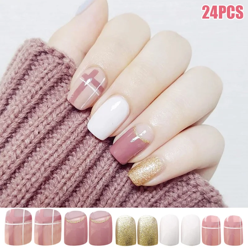 Hot 24 Pcs Elegant Pink White Gold Nail Art Stickers French Style Waterproof Nail Art Patch wyt77