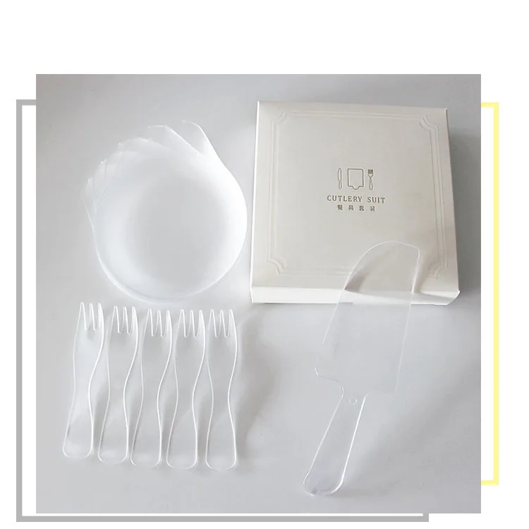 FANLUS Disposable Plastic Dessert Set Four color set Includes 5 Plates and 5 Forks , 1 Cake Knives, Deluxe Party Supplies Kit (1)