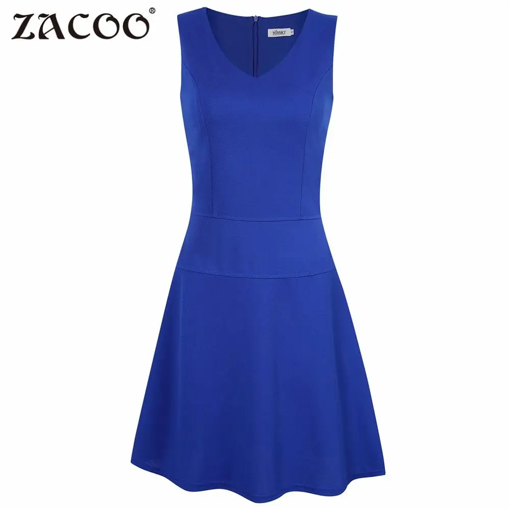 

ZACOO Women 2017 casual Sleeveless V-neck Flare Swing A-line short Dress fashion simple solid color slim summer mini dress zk40