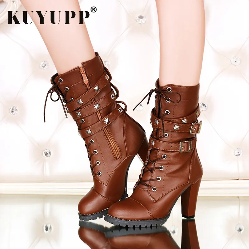 

Plush Size Women Ankle Boots Spring Autumn 2017 high heels lace up pu leather shoes zipper platform short booties new 1DDT06