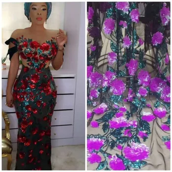 

New French Lace Fabric High Quality Nigeria 3d Tulle Leaf Baby Red Purple Green Sequins African Net Mesh Women Wedding Dress