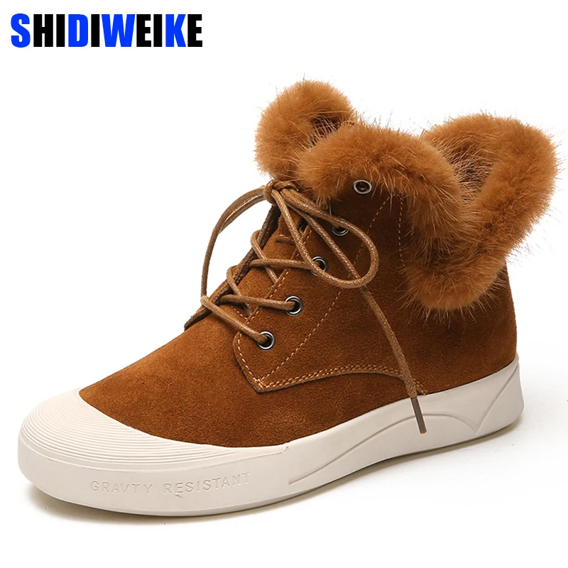 

Snow Boots Leather Ankle Boots Warm Winter Boots Woman Black Brown Shoes Female Lace-Up Sneaker Black Shoes Size 35-39 N430
