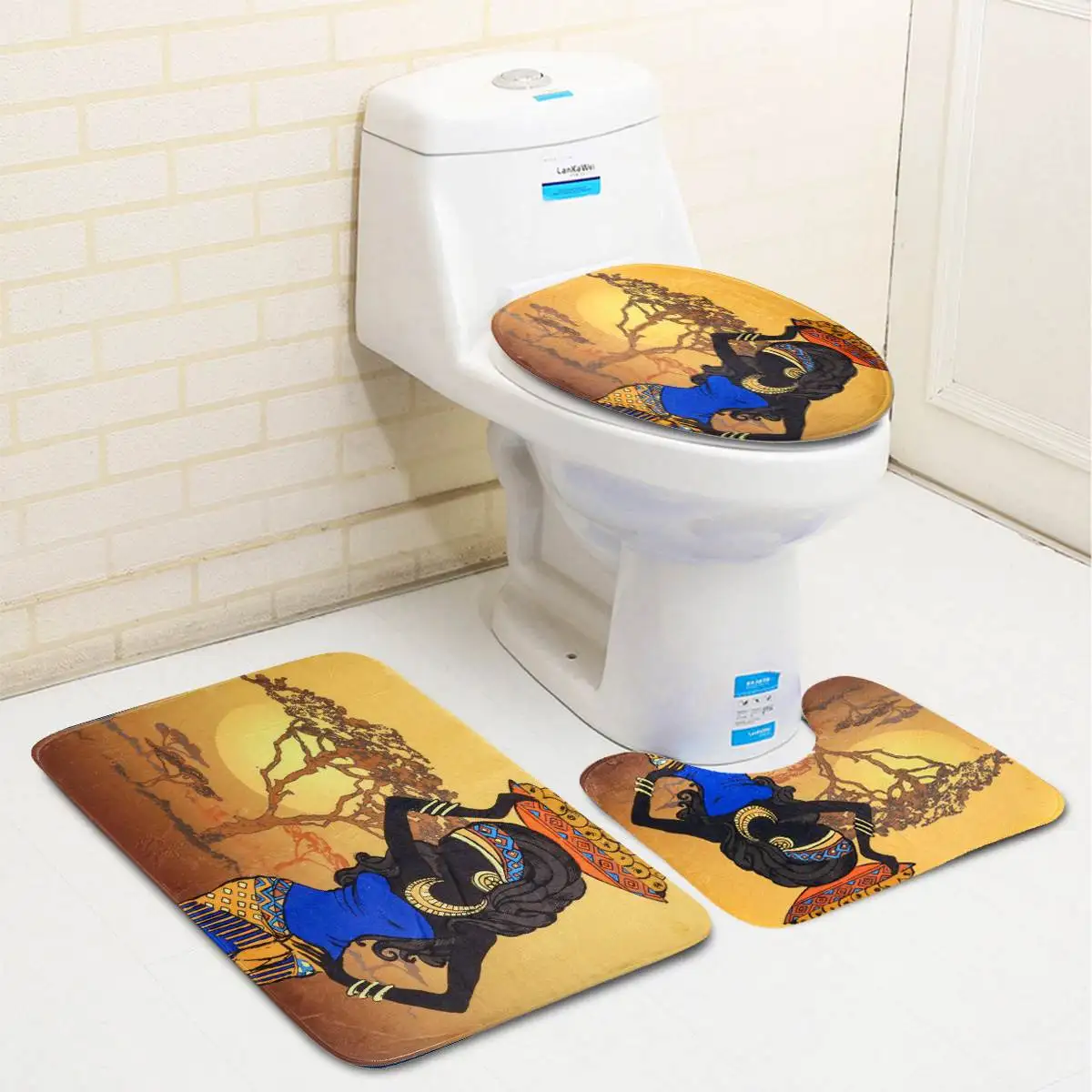 4Pcs Exotic African Girl Bathroom Shower Curtain Toilet Non-Slip Cover Mat Set