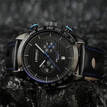 

LIANDU Luxury Mens Watches Brown Black Leather Complete Calendar 3ATM Waterproof Quartz Sport Men Wristwatches for Gift