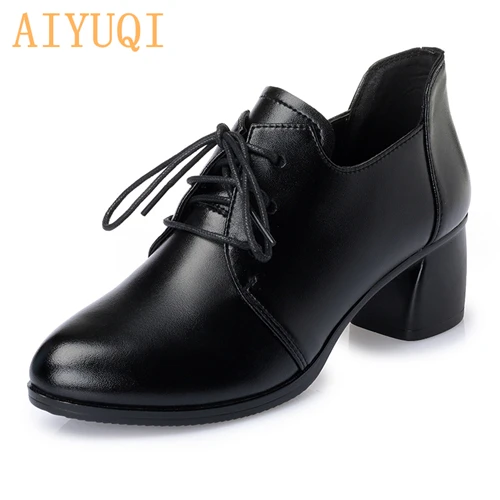 AIYUQI; Новинка года; женская обувь из натуральной кожи; повседневная обувь на каблуке; женская обувь на шнуровке; броги в стиле ретро; модная весенняя женская обувь - Цвет: black