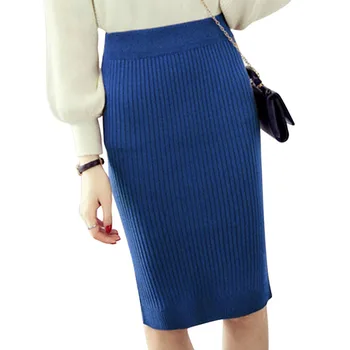 

Droppshiping Autumn Winter Women Knitted Pencil Skirts Stretch High Waist Knee Length Slim Office Lady Bodycon Long Skirt dg88