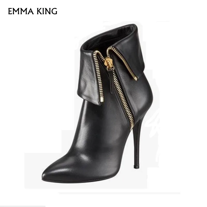 

Spring/Autumn Solid Black Ankle Boots Pointed Toe Stiletto High Heels Booties Side zipper Botas Mujer Party Shoes Woman plusSize