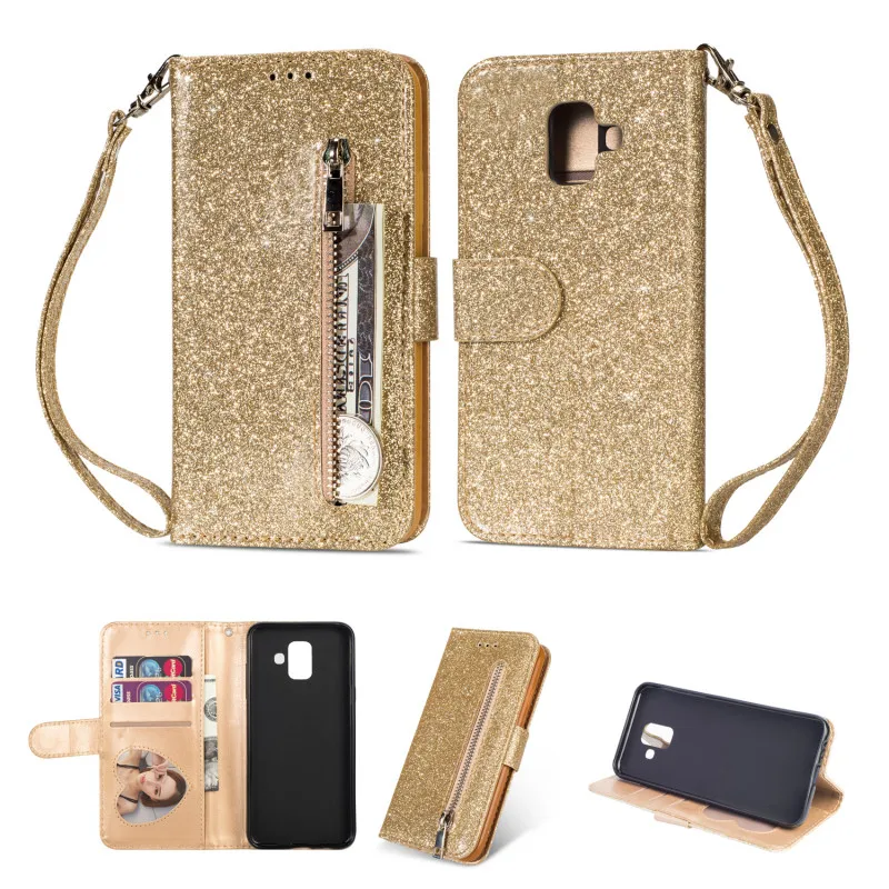 

Bling Glitter Flip Leather Case for Samsung J6 J4 A6 Plus Magnet Zipper Wallet Cover for Samsung Galaxy A8 A5 2018 Phone Bag