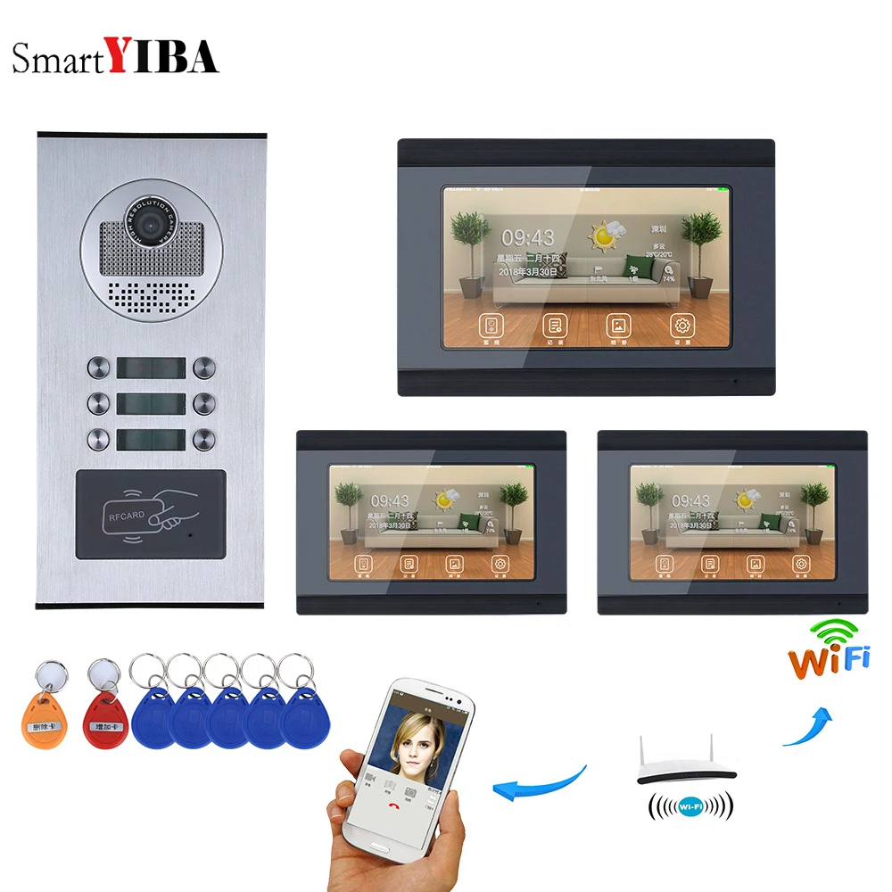 SmartYIBA Video Intercom 7 Inch Wifi Wireless Video Door Phone Doorbell Intercom System Android IOS APP For 3 Units Apartment