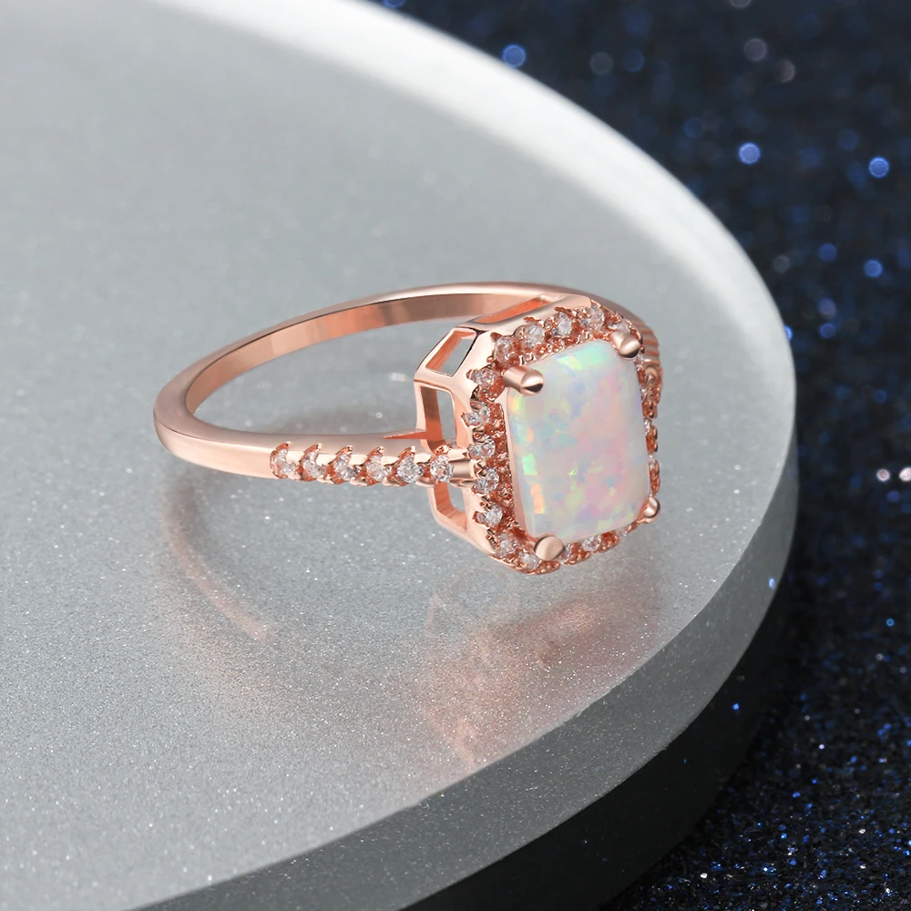 Rectangle Opal With CZ 925 Sterling Silver Women's Ring Rose Gold Color Wedding Engagement Jewelry For Her (JewelOra RI102969)