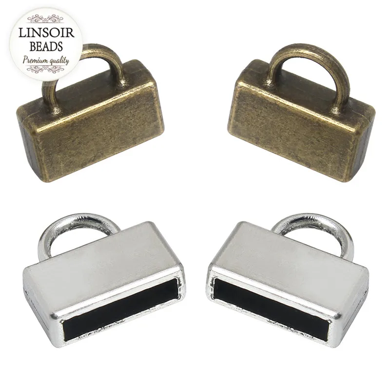 

LINSOIR 20pcs Metal End Caps For 10*2mm Flat Leather Cord Antique Bronze Silver Color End Clasps Connectors For Jewelry Making