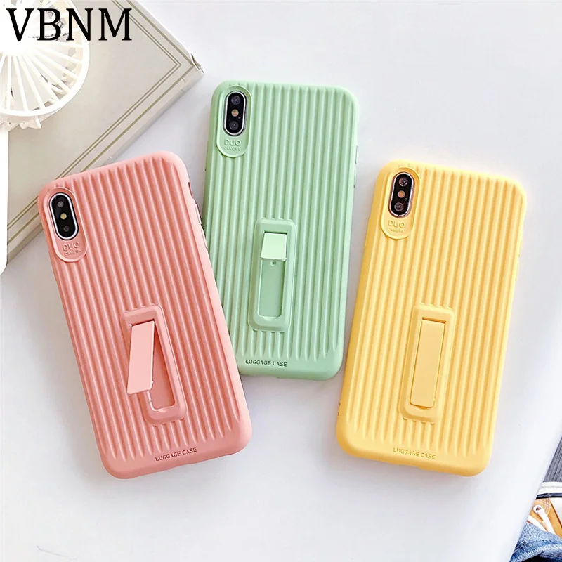 

Solid Color Stripe Suitcase Stand Holder Case For iPhone XR XS Max X 8 7 6 6S Plus TPU Silicone Case Cover for iPhone 8 Coque